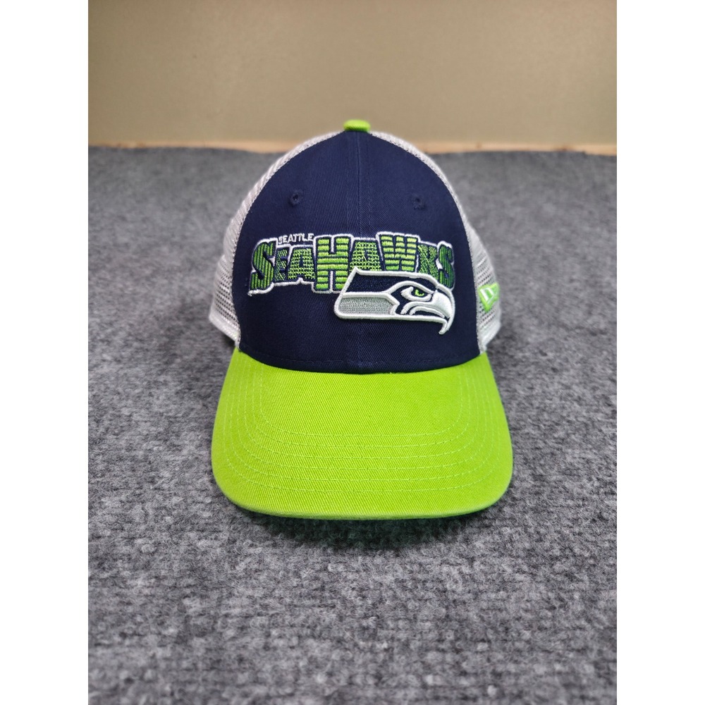 Youth Seattle Seahawks Snapback Hat OSFA New Era Navy Green Mesh Trucker 9FORTY